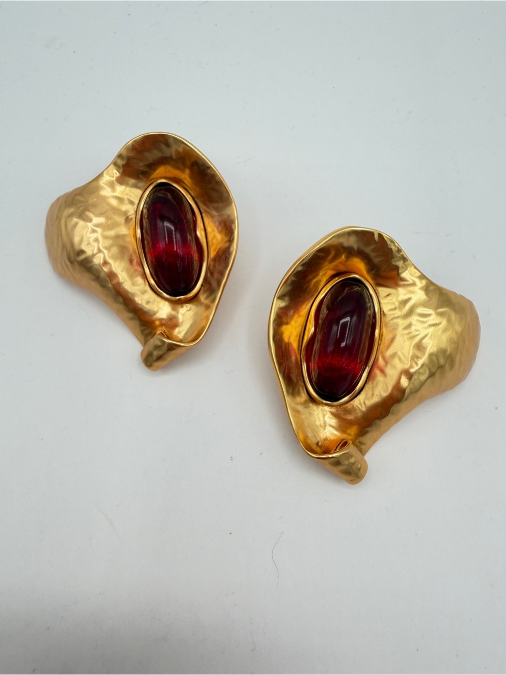 Vintage Yves Saint Laurent Hammered Gold Earring with Ruby‑Red Stone Clip On